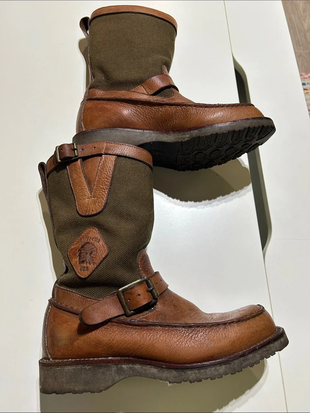 Chippewa Snake Boots Brown / Olive Canvas Leather Boots 6EE